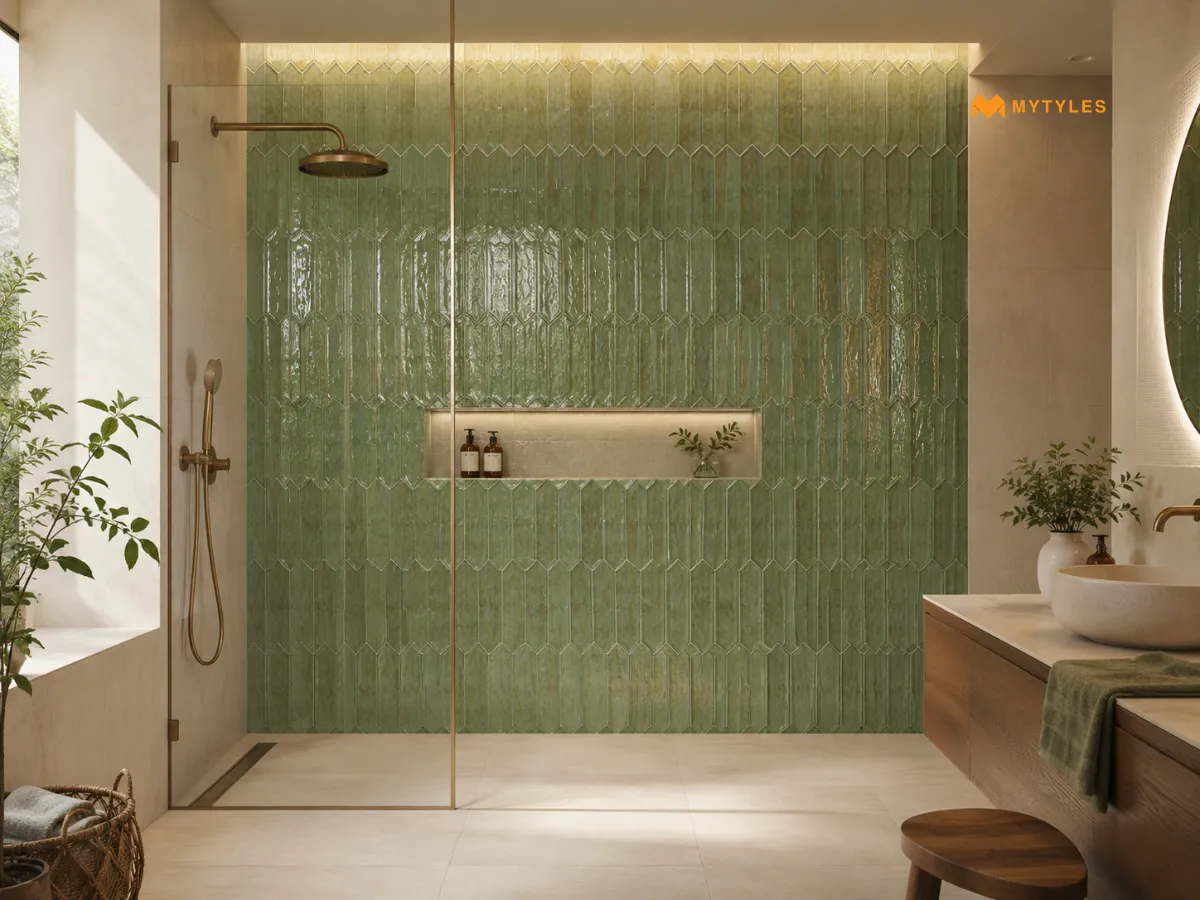 Green Picket Tiles for a Spa-Style Shower